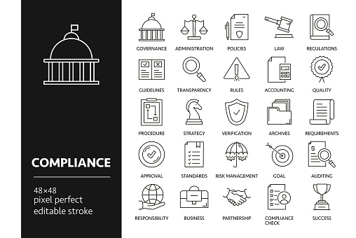 Compliance Vector Drawing Icons on 48px grid with 1px stroke width. Infographics, mobile and web etc.