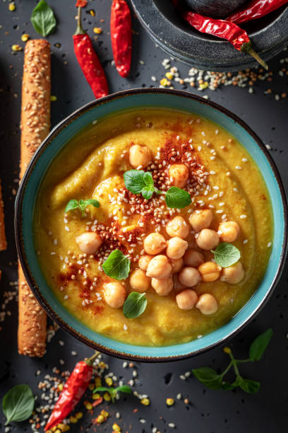 istock Creamy chickpea soup with sesame seeds and hot chilli pepper. 1356074898