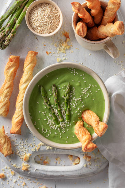 istock Vegan creamy asparagus soup as healthy diet for spring. 1356075021