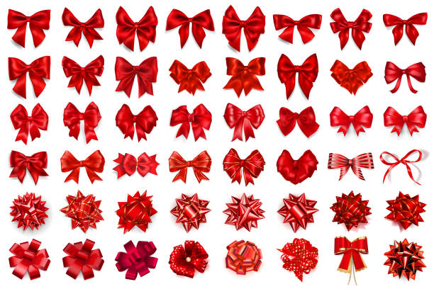 illustrazioni stock, clip art, cartoni animati e icone di tendenza di set di grandi fiocchi rossi - bow satin red large