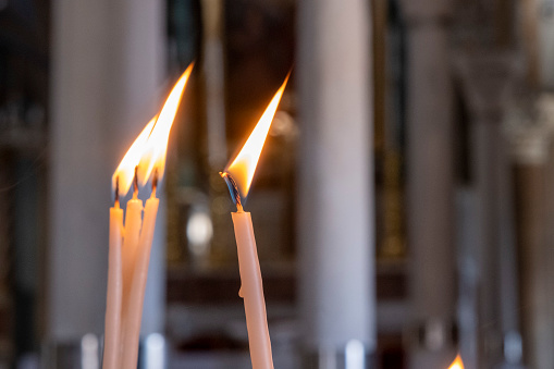 Greek culture and orthodox church architecture. Travel destination: Syros Island in Greece, Aegean sea. Place of worship for Christianity. Holy celebration event. Religious background with copy space