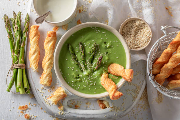 istock Vegan creamy asparagus soup as healthy and fresh appetizer. 1356076646