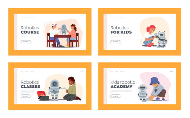 Kids Programming Robots Landing Page Template Set. Engineering for Kids, Children Learn Science, Mechanic Activities Kids Programming Robots Landing Page Template Set. Engineering for Kids, Children Learn Science, Mechanic Activities, Early Development Classes Educational Concept. Cartoon People Vector Illustration child robot class stock illustrations