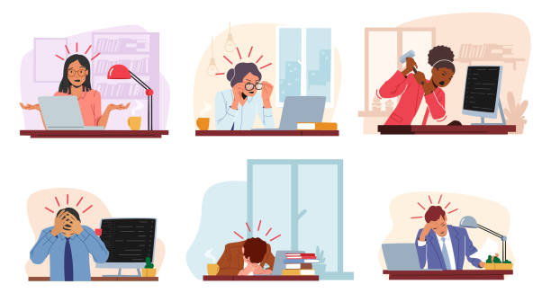 ilustrações, clipart, desenhos animados e ícones de definir síndrome de burnout profissional. personagens de gerentes exaustos no trabalho sentados à mesa com a cabeça para baixo - frustration