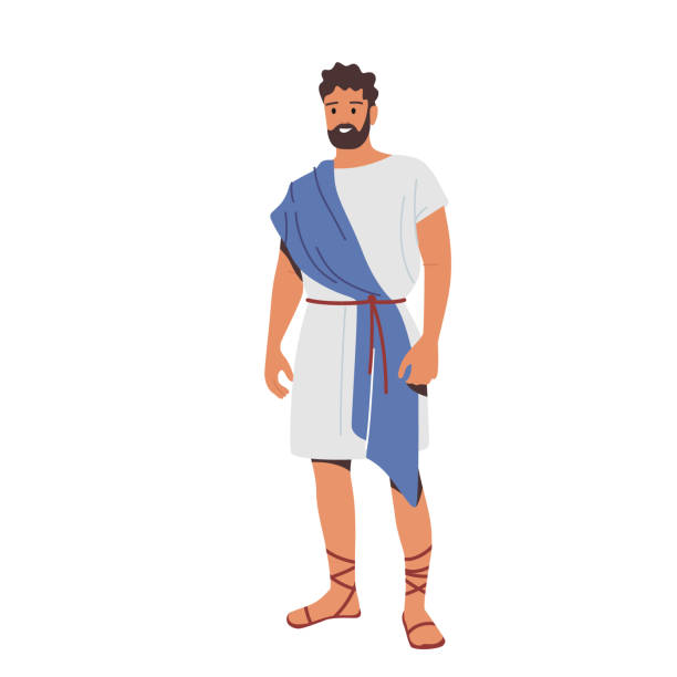 歴史的な衣装を着たローマ人、男性キャラクターは伝統的な服を着て、古代ローマ市民青または白のチュニック - toga点のイラスト素材／クリップアート素材／マンガ素材／アイコン素材