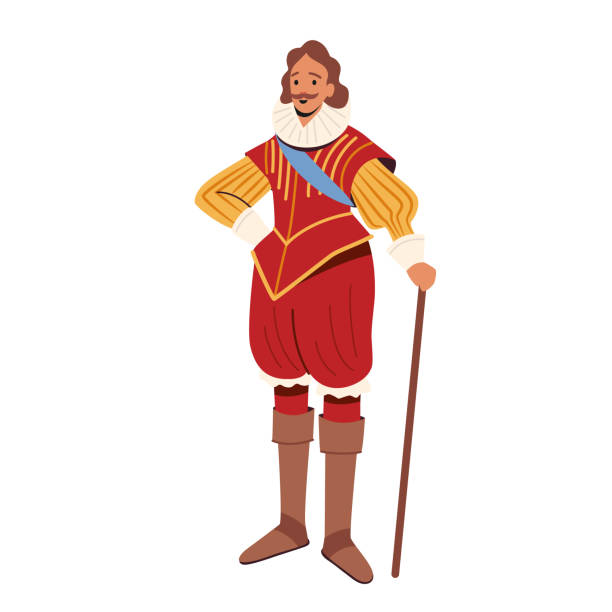 ilustrações de stock, clip art, desenhos animados e ícones de medieval lord, character of 16th century, royal middle ages personage wear luxury clothes and walking cane, aristocrat - marquis