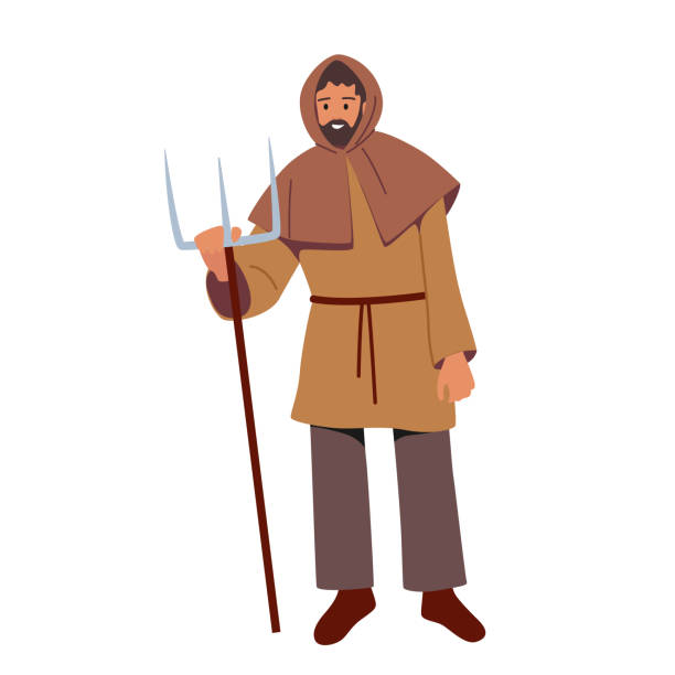 ilustraciones, imágenes clip art, dibujos animados e iconos de stock de el personaje masculino campesino medieval usa ropa de tela sujeta el tenedor aislado sobre fondo blanco. actor histórico de cuento de hadas - pauper