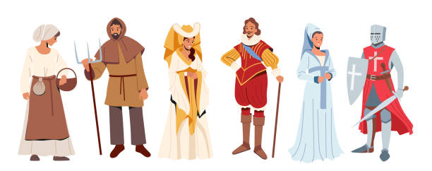ilustrações de stock, clip art, desenhos animados e ícones de set of medieval historical characters. knight with sword and shield, peasant man and woman, lord and ladies in costumes - marquis