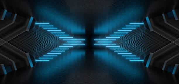 istock Sci Fy neon lamps in a dark corridor. Reflections on the floor and walls. 3d rendering image. 1356079225