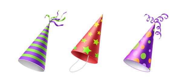 istock Colorful party hats. Realistic different festive headwear with various patterns, stripes and dots 1356079468