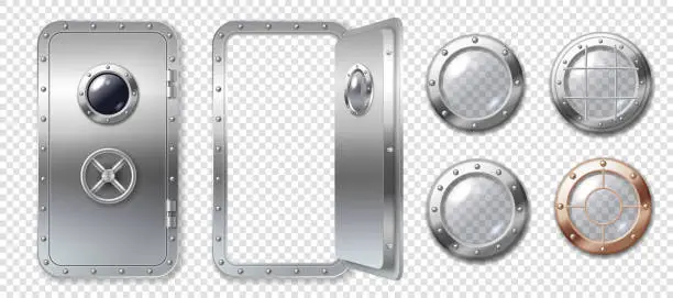 Vector illustration of Portholes and metal door. Realistic set of round glass windows with rivets and safe door