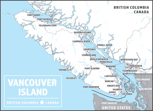 Vancouver Island Map with Greater Vancouver, British Columbia, Canada And parts of Washington State, United States. Touristic map with key places and cities as text. Shapes are optimized. new westminster stock illustrations