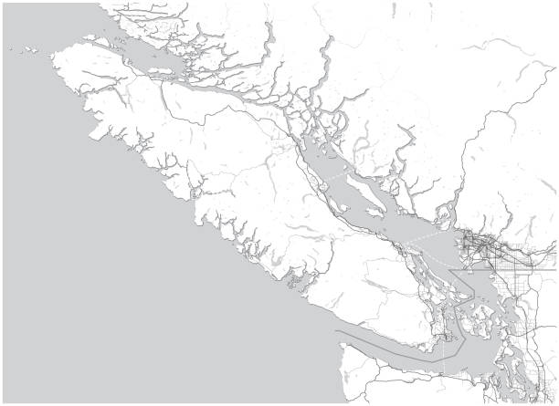 Vancouver Island Map with Greater Vancouver, BC, Canada And parts of Washington State, United States. Simple grey scale map without text. Shapes are optimized for readability. new westminster stock illustrations