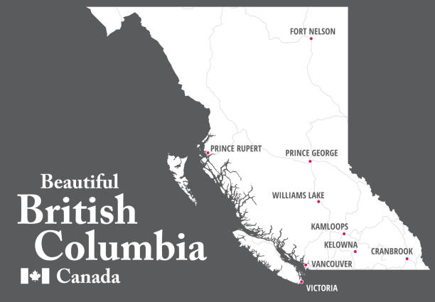 Beautiful British Columbia Map. Canada. White shape of BC province with highways and tourist destinations marked. Touristic guide. kamloops stock illustrations