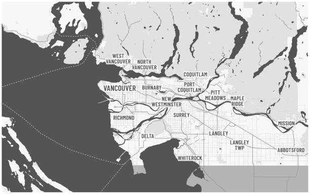 Greater Vancouver map and municipalities. Canada, British Columbia. Written city names of metro Vancouver. Roads, highways US border visible. Dark color theme with text. road map of canada stock illustrations