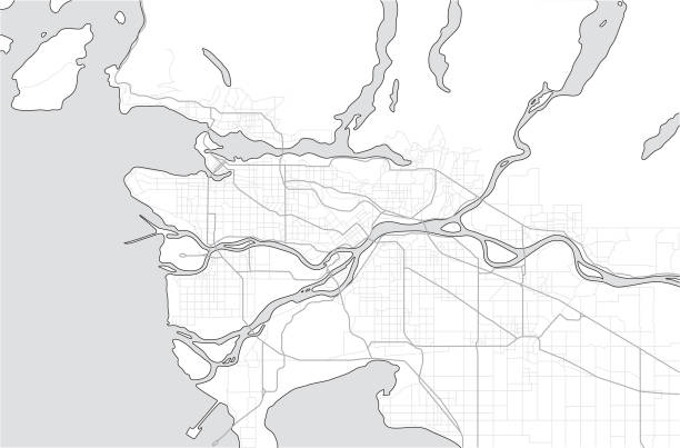 Simple Greater Vancouver map and municipalities, British Columbia, Canada. Tourist map or guide of Metro Vancouver BC. A simple grey scale map without text. canada road map stock illustrations