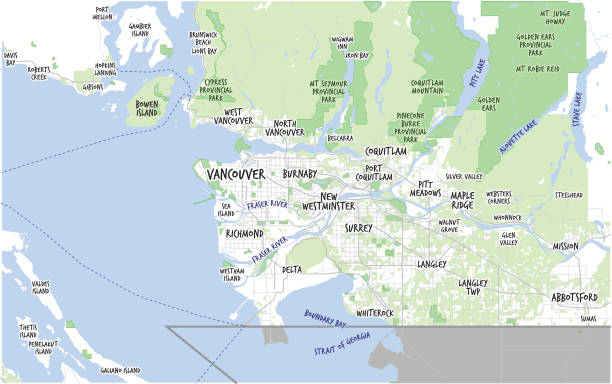 Tourist map or guide of Metro Vancouver BC. Greater Vancouver map and municipalities, British Columbia, Canada. Light blue and green color theme with a handwritten font. Modern look british columbia map cartography canada stock illustrations