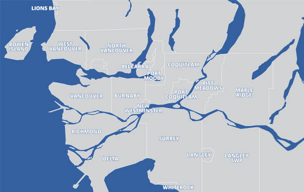 Vancouver municipalities vector map. Simplified map of Vancouver and surrounding cities in British Columbia, Canada. Dark blue ocean with grey landmass. Tourism information guide. vancouver financial district stock illustrations