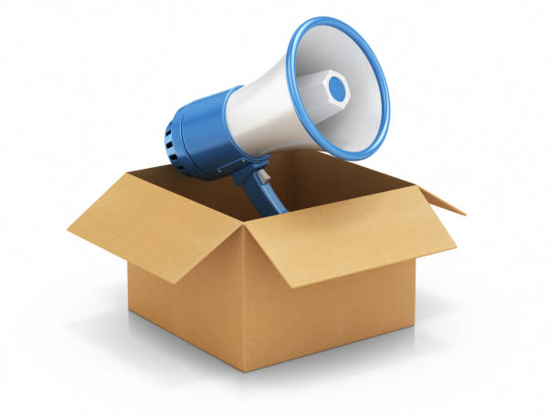 istock Blue megaphone in cardboard box on white background stock photo 1356084187