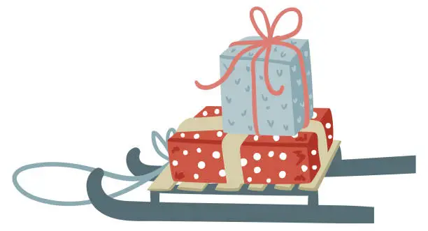 Vector illustration of Simple minimalistic illustration of vintage sled with two gift boxes tied with ribbon bow