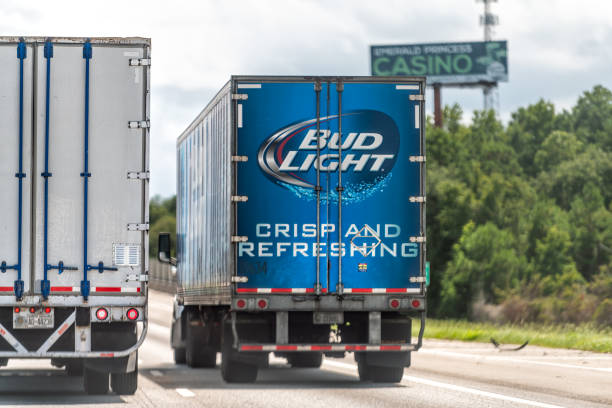 interstate highway i95 in georgia fahren auto pov mit lastwagen, werbetafel für casino und schild fahrzeug für bud light bier werbung knackigen und erfrischenden text - bud stock-fotos und bilder