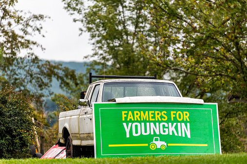 Buena Vista, USA - October 7, 2021: Gubernatorial governor election political sign placard on truck in support of farmers for Youngkin for Virginia election