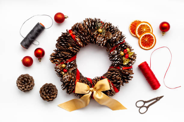 istock Christmas wreath top view. Winter holidays decoration 1356088837