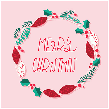 Christmas greeting in a holiday themed floral frame. Hand written Merry Christmas. EPS10 vector illustration, global colors, easy to modify.