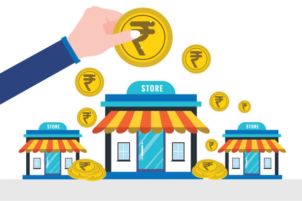 Businessman putting a Indian Rupee coin into a shop USA, India, Businessman, A Helping Hand, Business ,Hand, Banking, Indian currency, Store british coins stock illustrations