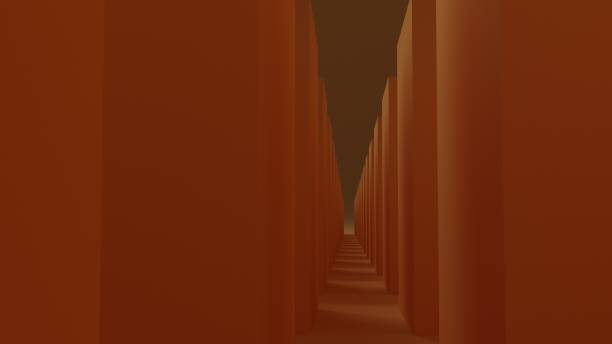 Offset Pathway Trench With Equally Spaced Offshoot Paths A dark orange alleyway with evenly spaced off-shooting pathways in the walls. Viewed from eye level from within the corridor. Captured in an orange studio environment. narrow stock pictures, royalty-free photos & images