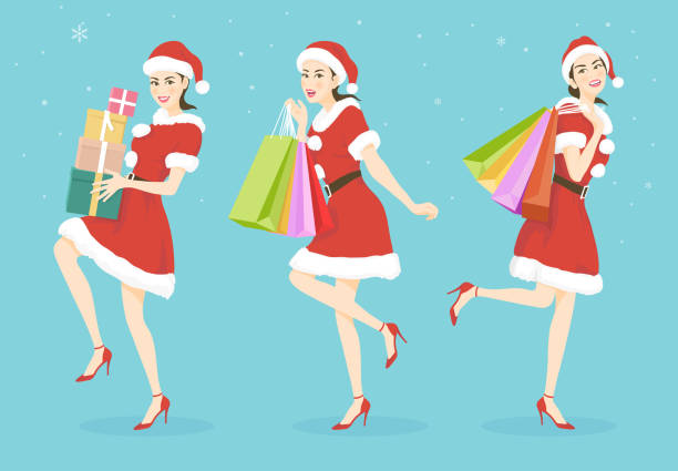 bildbanksillustrationer, clip art samt tecknat material och ikoner med vector illustration collection set with a beautiful woman in santa claus costume holding shopping bags or gift boxes of the merry christmas and happy new year - tomtekvinna
