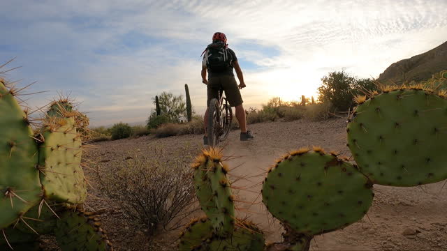 Male mountain biker brakes alongs desert trail, at sunrise