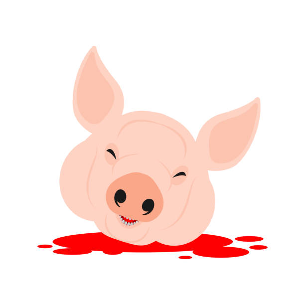 голова свиньи отрублена и кровь. обезглавленная свинья в мясной лавке - snorting stock illustrations