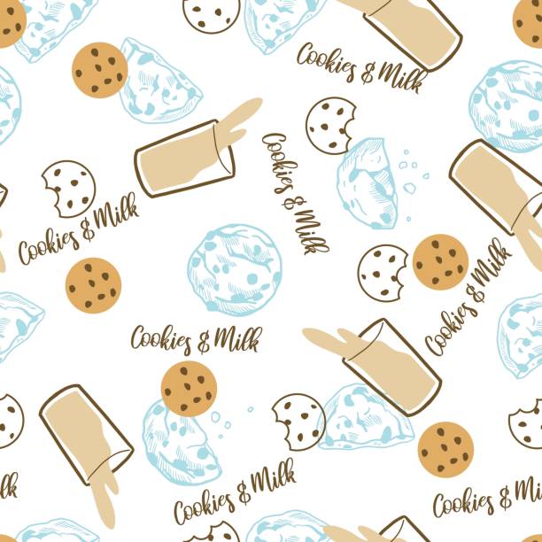Eat Chocolate Chip Cookies with a Glass of Milk Vector Seamless Pattern Eat Chocolate Chip Cookies with a Glass of Milk Vector Seamless Pattern can be use for background and apparel design chocolate chip cookie drawing stock illustrations
