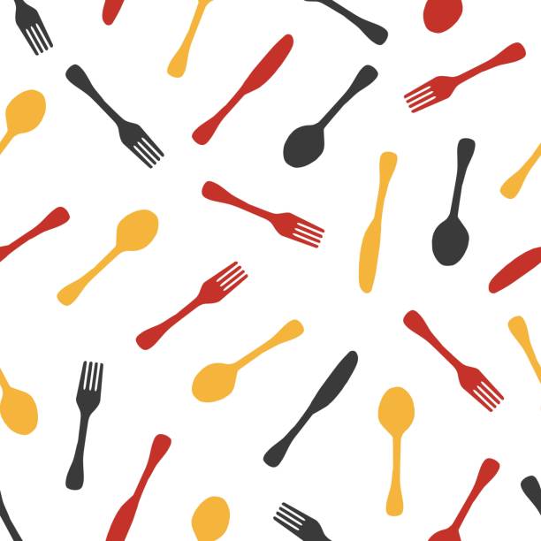 ilustrações de stock, clip art, desenhos animados e ícones de abstract tableware spoon fork knife vector graphic art seamless pattern - dining table table cartoon dining