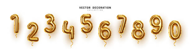 Golden Number Balloons 0 to 9. Foil and latex balloons. Golden Number Balloons 0 to 9. Foil and latex balloons. Helium ballons. Party, birthday, celebrate anniversary and wedding. Realistic design elements. Festive set isolated. vector illustration helium balloon stock illustrations