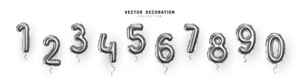 Silver Number Balloons 0 to 9. Foil and latex balloons. Helium ballons. Party, birthday, celebrate anniversary and wedding. Realistic design elements. Festive set isolated. vector illustration Silver Number Balloons 0 to 9. Foil and latex balloons. Helium ballons. Party, birthday, celebrate anniversary and wedding. Realistic design elements. Festive set isolated. vector illustration silver chrome number 8 stock illustrations