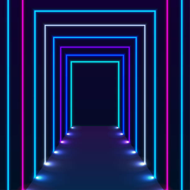 istock Abstract tunnel with blue purple neon laser lines technology background 1356107511