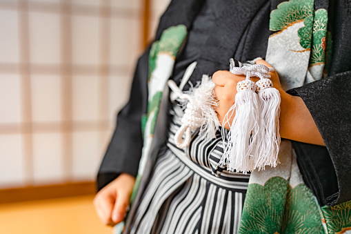 A portrait of a small multi-raced Eurasian ethnic boy dresses in Japanese traditional clothing hakama for Japanese traditional celebration called Shichi go san.