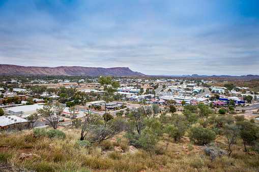 Alice Springs, Australia - July 07, 2010:Alice Springs in the Northern Territory of Australia, viewed from Anzac Hill showing the arid outlying areas.