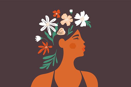 Female mental health concept, vector illustration of beautiful woman with flowers in head