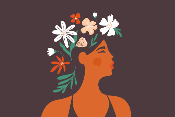 Female mental health concept, vector illustration of beautiful woman with flowers in head Young beautiful woman with flower hair. Female mental health, blooming brain, positive mind. Girl with head floral wreath. Nature beauty. Self care, love, wellbeing. Women day art vector illustration springtime woman stock illustrations