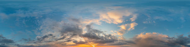 Dark blue sunset sky panorama with Cirrus clouds. Seamless hdr pano in spherical equirectangular format. Complete zenith for 3D visualization, game and sky replacement for aerial drone 360 panoramas