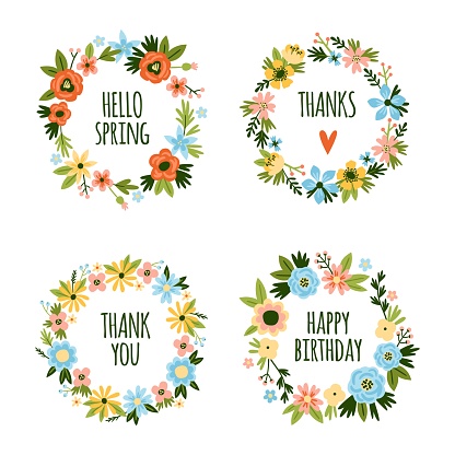 Abstract flowers wreaths. Romantic beautiful circles, floral rings arrangement with cute inscriptions inside, hand drawn plants, spring summer flora frames with congratulation text vector isolated set