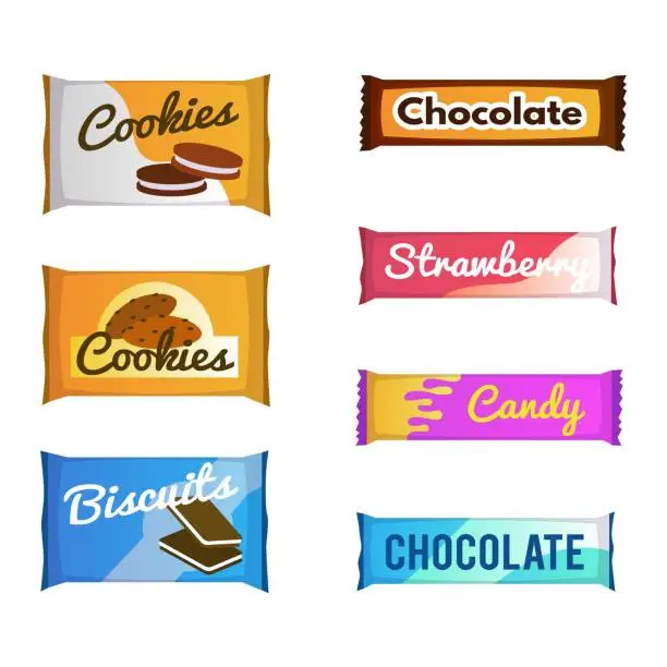 Vector illustration of Vending products. Snack package. Fast food packs. Chocolate and biscuit. Isolated packaging for cookie or candy. Cracker packet. Unhealthy meal. Sweets wrapper. Vector dessert sachets set