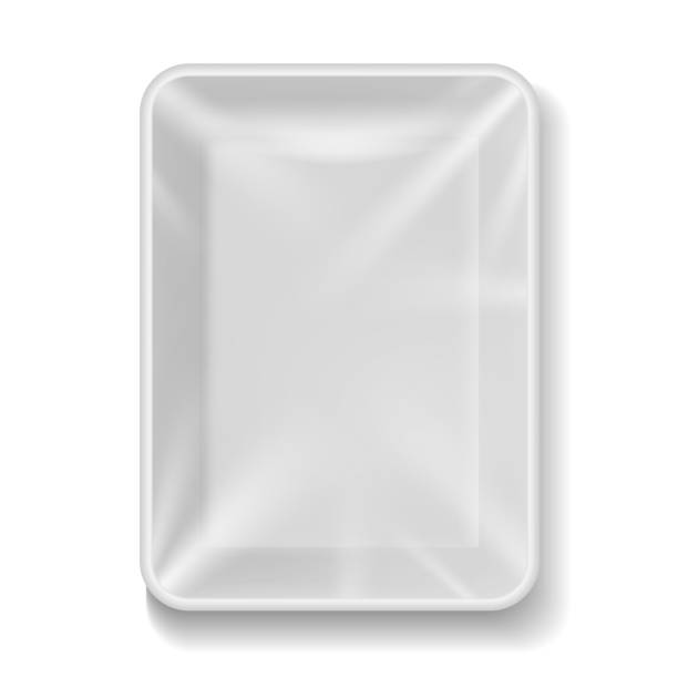 ilustrações de stock, clip art, desenhos animados e ícones de tray plastic. food package with transparent wrap. realistic white empty container for vegetables, fruits and meat. vacuum square lunch or dinner box top view. package vector illustration - plastic tray