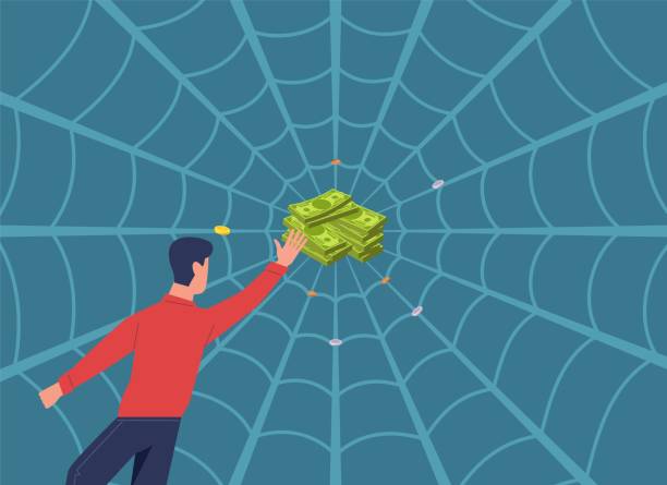 stockillustraties, clipart, cartoons en iconen met financial business traps. heap of banknotes in cobwebs. man catched in spider web. pitfall with bait. money fraud. commercial trick. businessman greed and covetousness. vector concept - spider man