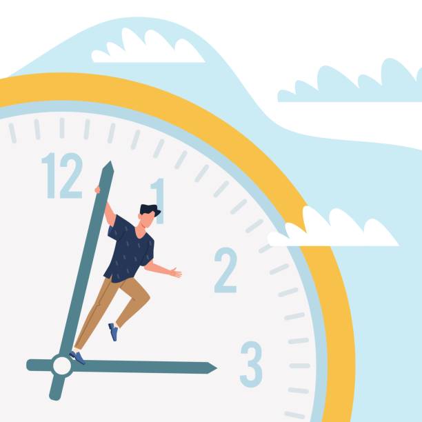 ilustrații de stoc cu nerăbdare și grabă. managementul timpului. omul de echitatie pe săgeată cadran ceas. planificarea termenelor limită și a programărilor. persoană punctuală. uita-te la fata cu ora si minut de maini. conceptul vectorial - prelungiri