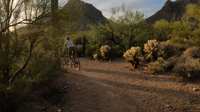 Female mountain biker follows desert trail, at sunrise