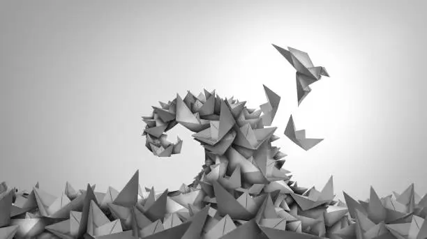 Escape the storm concept as a business leadership metaphor for crisis management and freedom strategy as a clever solution with a group of sinking paper boats with an origami bird escaping the disaster.